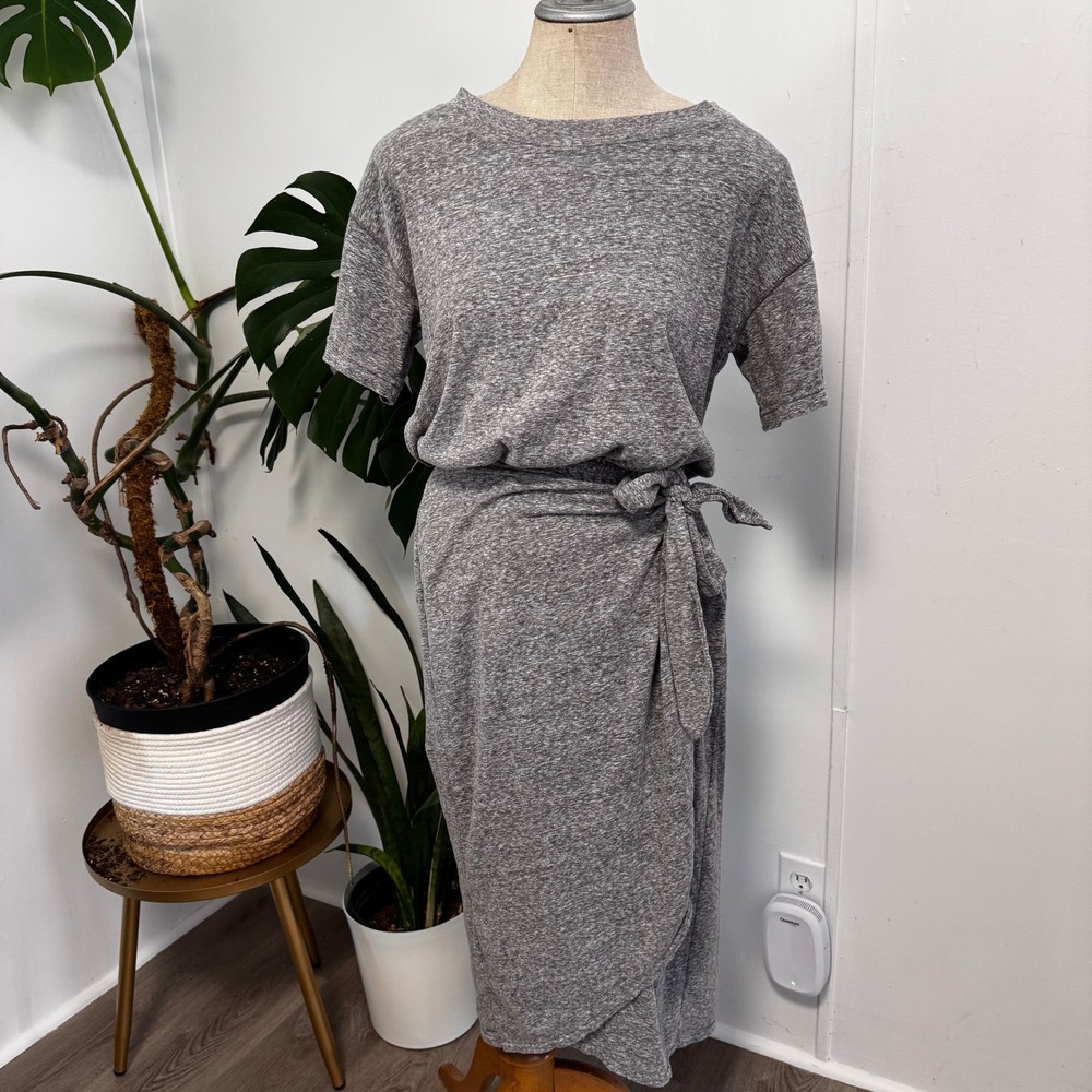Free People FP Beach Midi Dress Womens XS‎ Grey Tie Waist Short Sleeve Heathered